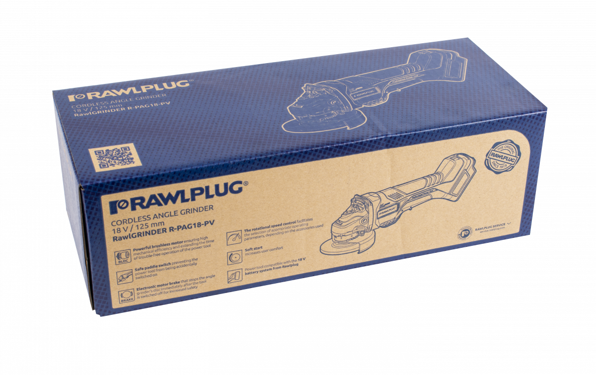 R-PAG18-PV-XS Cordless RawlGrinder 18V 125mm bare tool, in a cardboard box